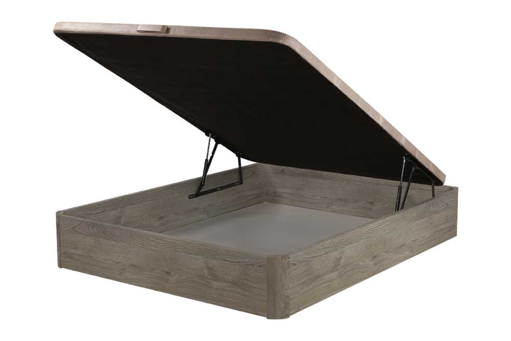 Canapé modelo Maxi Estructura de cama canapé de madera con mecanismo de elevación abierto que muestra el espacio vacío en su interior.