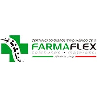 Logotipo de Farmflex Tiendas Hypnos, con una cruz verde y texto, posiblemente relacionado con dispositivos médicos o colchones.