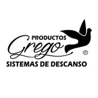 Logotipo de "productos grego" con un pájaro estilizado y texto escrito que enfatiza los sistemas de descanso para "tiendas hypnos".