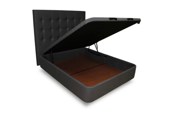 Cama canapé Modelo Premium tapizada en negro con estructura elevable que deja ver el compartimento interior.