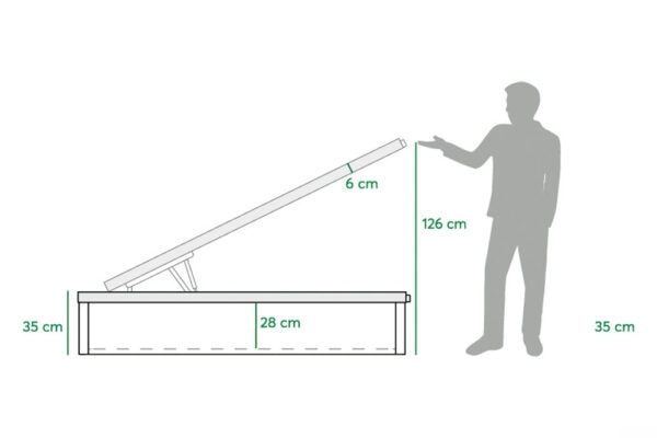 Un diagrama que muestra las dimensiones de una rampa y un Canapé Senator de pie a escala.