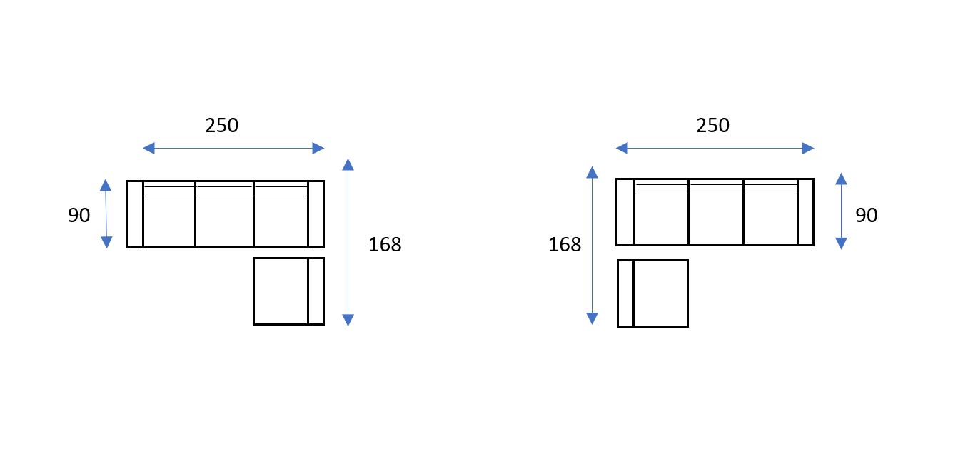 Dos escritorios Spencer en forma de L, cada uno de 250 cm de ancho, 90 cm de fondo y 168 cm de largo; el lado más corto cuenta con una unidad independiente Chaiselongue partida Spencer EXPRESS para trabajar o relajarse al estilo chaiselongue.