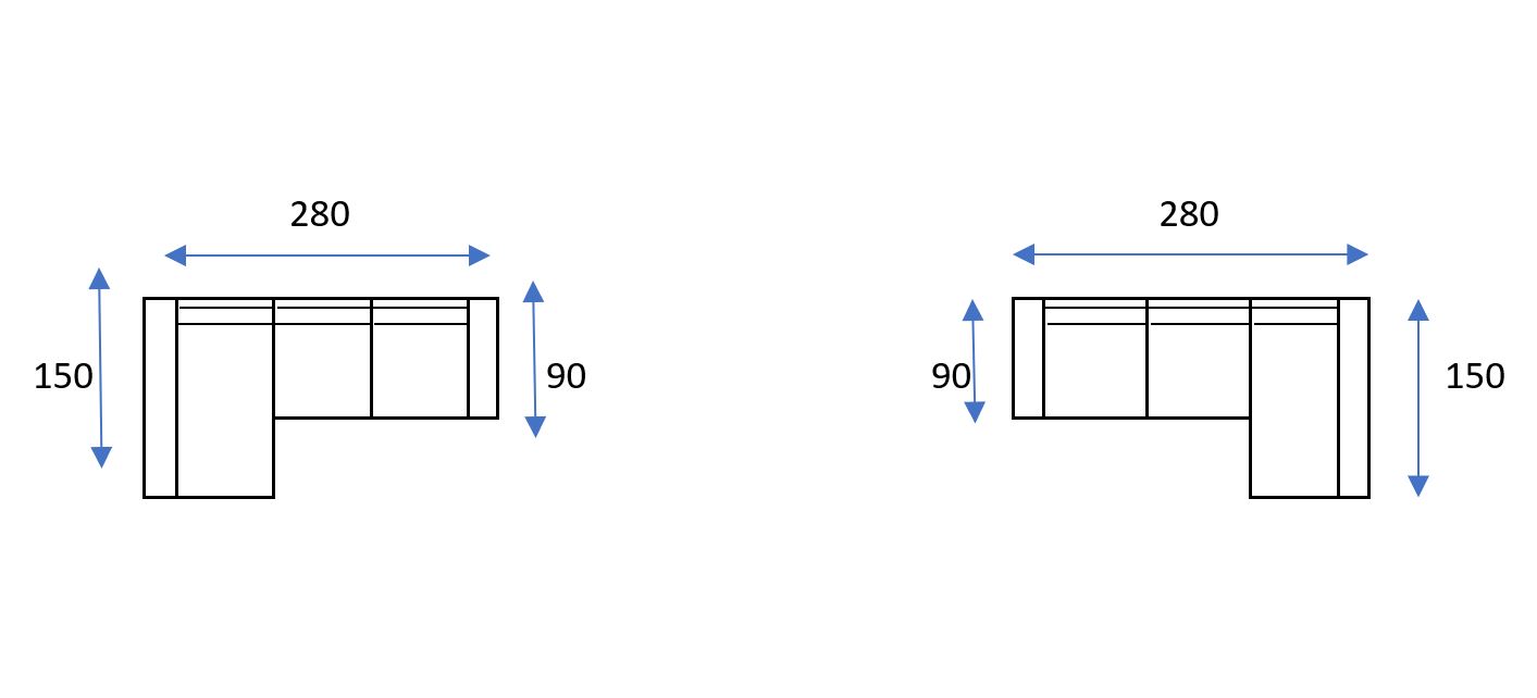 Dos diagramas de chaiselongue Spencer EXPRESS en forma de L: cada uno mide 280 unidades de ancho, 150 unidades de alto y una sección de chaiselongue de 90 unidades. Las flechas azules indican las medidas. Entrega EXPRESS disponible.