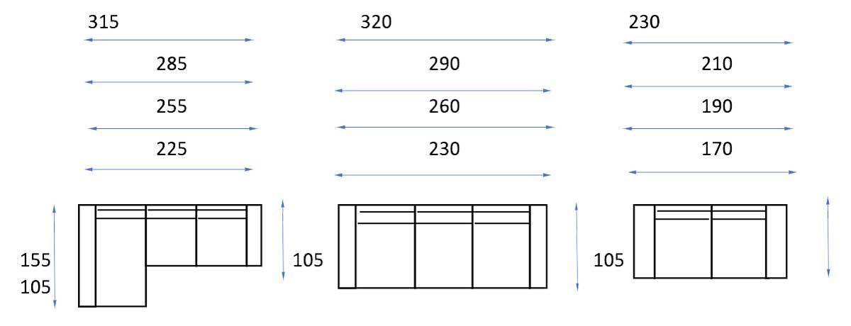 Diagrama que muestra las dimensiones de tres estilos diferentes de ventana con medidas en milímetros, incluido el Sofá modelo Arial.