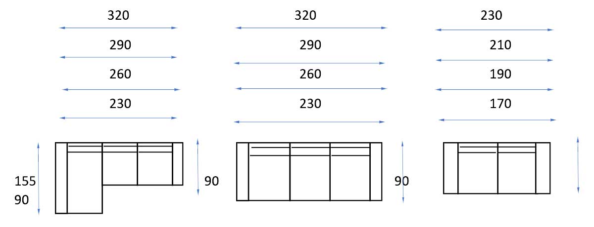 Representación esquemática de tres diseños de Sofá modelo Dakota con varias dimensiones (en milímetros) indicadas para cada tramo.