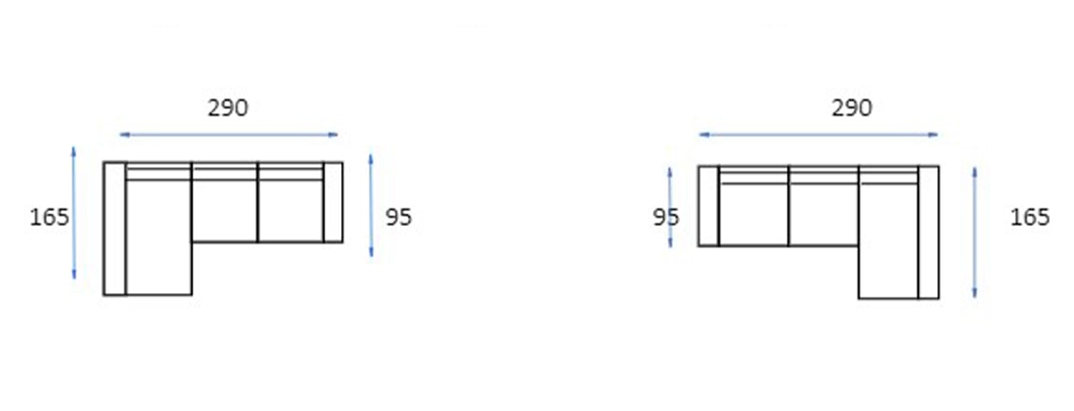 Dibujos lineales bidimensionales de arreglos de escritorio en ángulo recto y Chaiselongue modelo Kronos EXPRESS con dimensiones etiquetadas en milímetros.