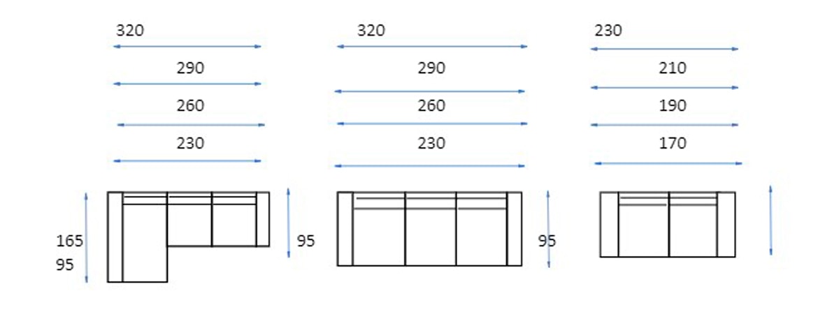 Dibujo técnico de tres diseños de ventanas con diferentes dimensiones de altura mostradas en milímetros, incluido el Sofá modelo Kronos.