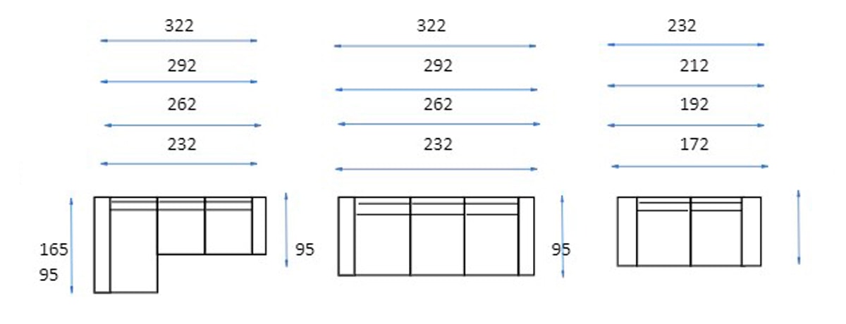 Dibujo técnico de tres marcos de ventanas de diferentes dimensiones, incluyendo detalle de Sofá modelo Vela visco.