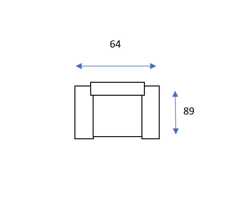 Sencillo dibujo lineal de un rectángulo rotulado de 64 unidades de ancho por 89 unidades de alto con flechas azules, perfecto para visualizar las dimensiones del Sillón Leo giratorio en tu espacio.