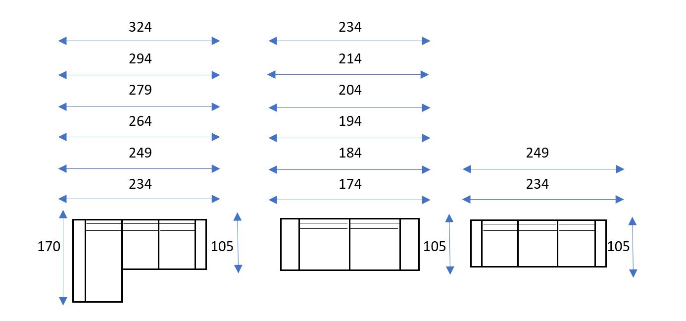 Diagrama que muestra las piezas del mueble modular Sofá Atenas con las dimensiones de anchura (174-324 cm) y altura (170 cm y 105 cm) etiquetadas, incluyendo flechas que indican la longitud de cada sección.