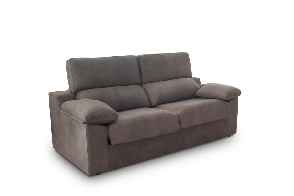 Sofá Cama Cris tapizado en marrón y reposabrazos acolchados sobre fondo blanco.