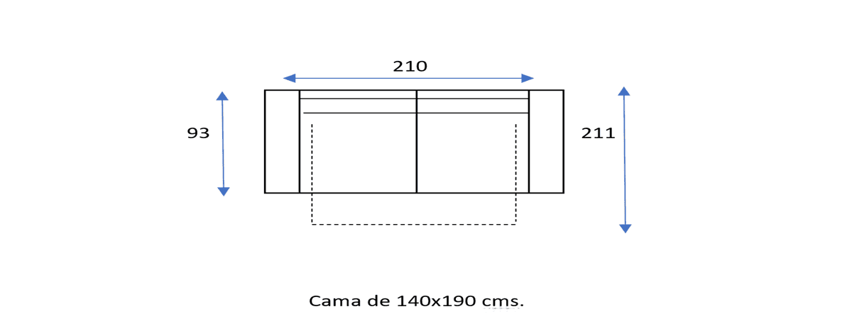 Dibujo técnico del Sofá Cama Cris con dimensiones de 210 cm por 93 cm e indicación de tamaño de colchón de 140 x 190 cm.