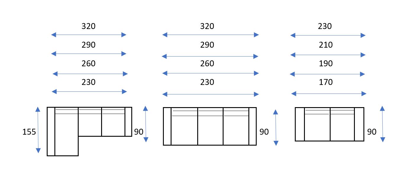 Tres diagramas en blanco y negro del sofá seccional Sofá Dakota, que muestran varias configuraciones y dimensiones en centímetros con medidas horizontales y verticales etiquetadas.