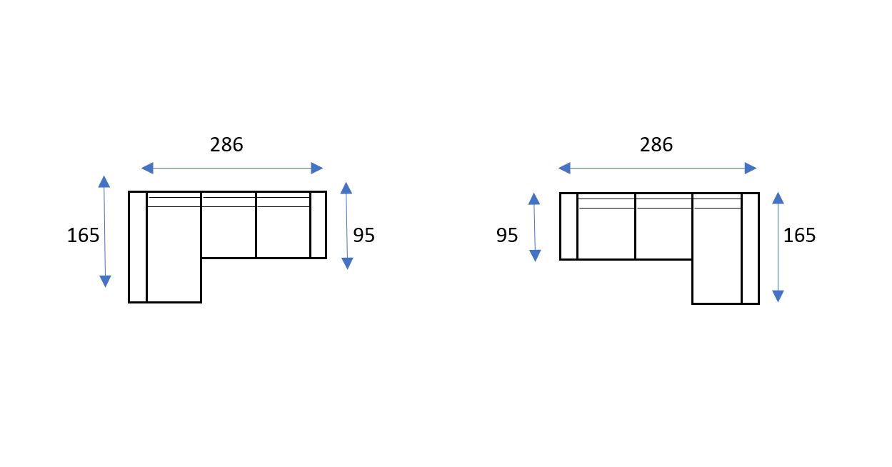 Dos disposiciones Chaiselongue Livorno EXPRESS en L, cada una de 286 cm de ancho y 165 cm/95 cm de fondo por cada lado. Uno de ellos es de espejo, lo que pone de relieve el diseño versátil de la colección.