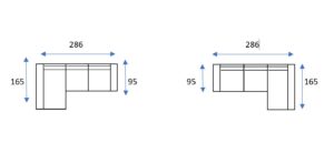 Inspirados en el elegante diseño de la Chaiselongue Livorno EXPRESS, dos diseños de gabinetes de cocina en forma de L presentan dimensiones etiquetadas como 286 cm de ancho y alturas de 165 cm y 95 cm.