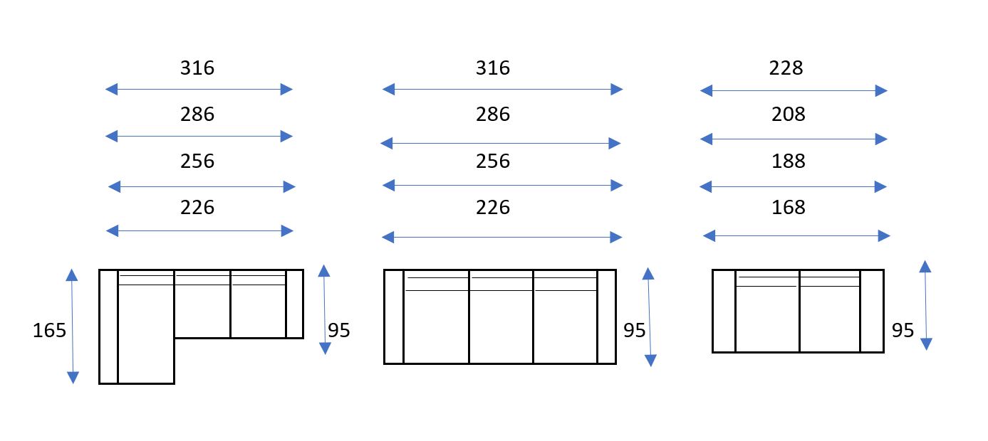 Diagrama que ilustra conjuntos tridimensionales para la disposición de los muebles, perfectos para el Sofá Livorno. Los anchos varían de 286 a 226, 316 a 226 y 228 a 168, con alturas que varían entre 165 y 95.