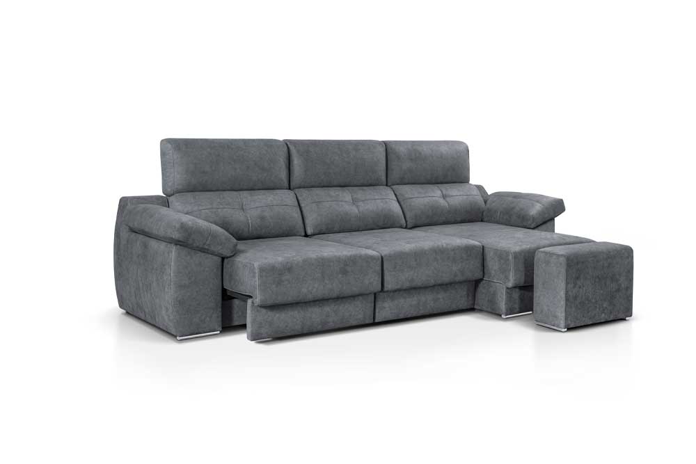 Moderno sofá seccional Dakota gris con Chaiselongue extendida modelo Dakota EXPRESS sobre fondo blanco.