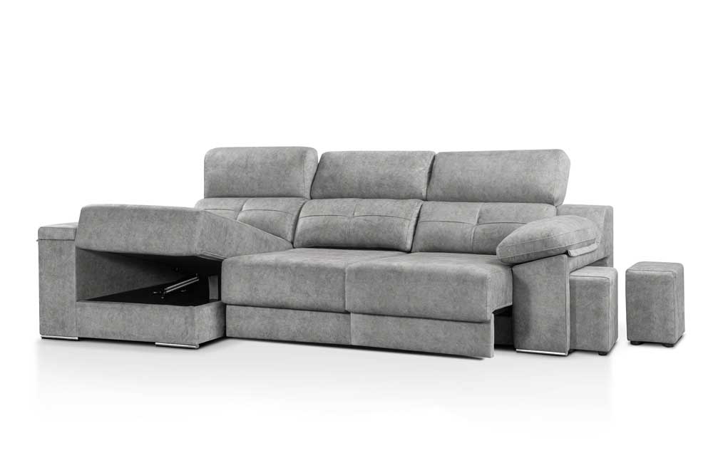 Moderno sofá seccional Chaiselongue modelo Kimberly EXPRESS gris con almacenamiento incorporado y otomana a juego, aislado sobre fondo blanco.
