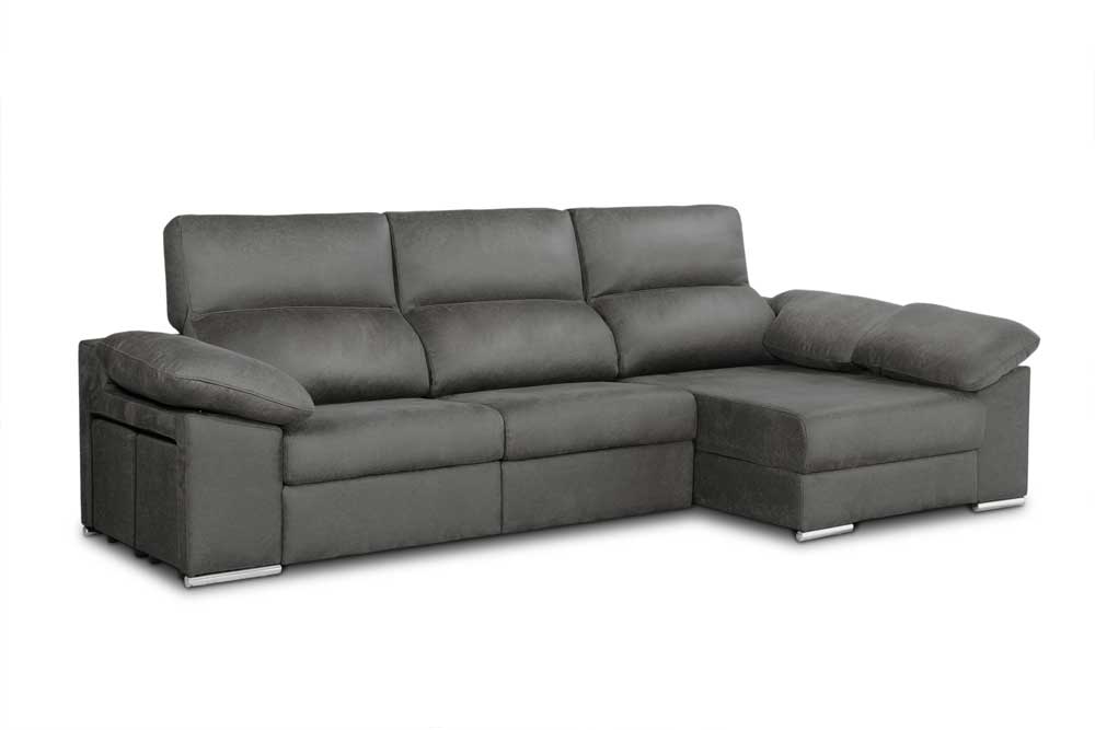 Sofá seccional en forma de L Spencer EXPRESS gris con función reclinable y chaiselongue modelo Spencer sobre un fondo aislado.
