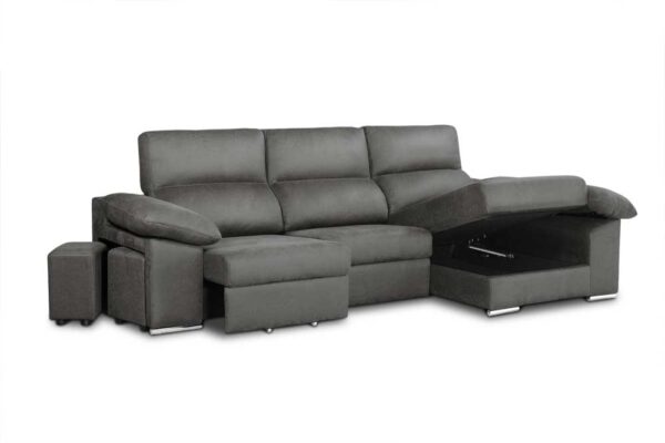 Un moderno sofá seccional gris con Chaiselongue modelo Spencer EXPRESS, sillón reclinable y compartimento de almacenamiento incorporado, aislado sobre un fondo blanco.