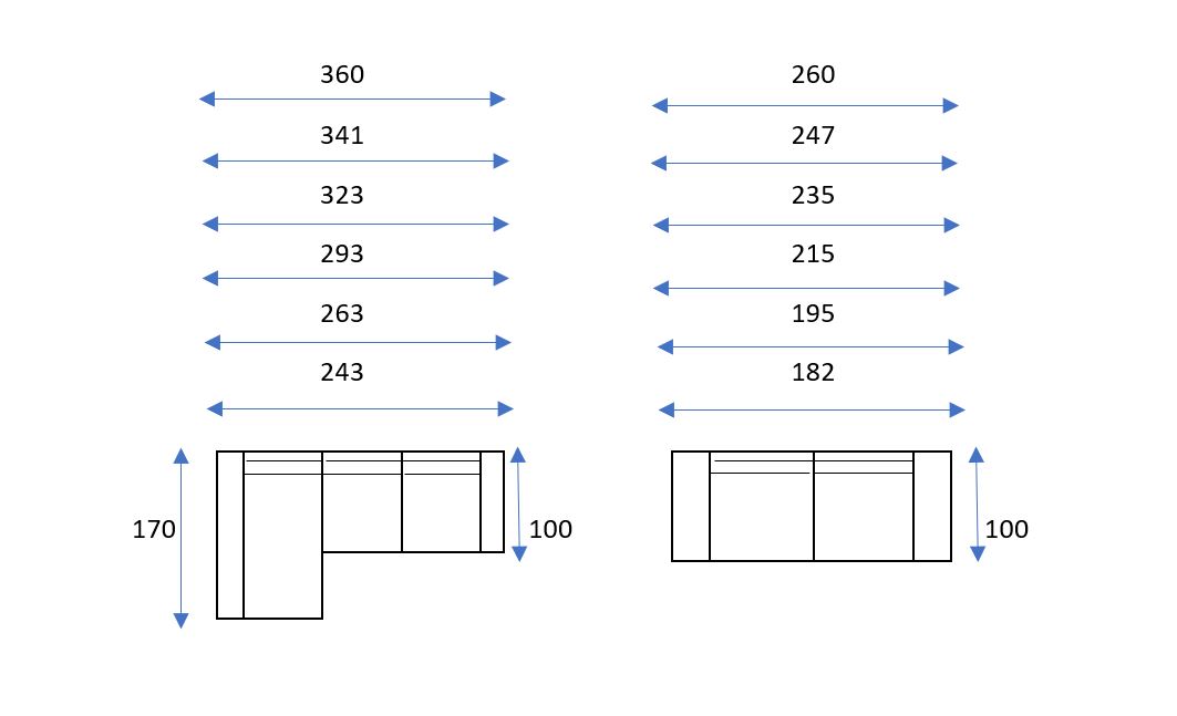 Dos diagramas del sofá seccional Sofá Privilege muestran las dimensiones etiquetadas en centímetros, con flechas que indican las diferentes longitudes y anchuras.