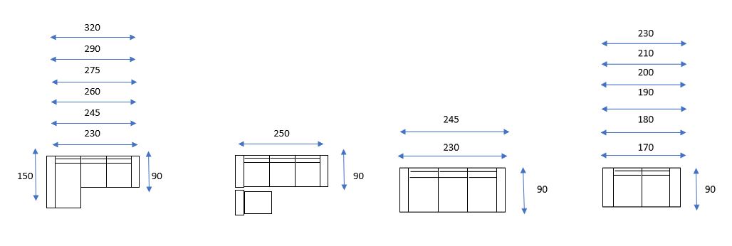 Diagrama que ilustra varias dimensiones de diseños de muebles, incluidas las medidas etiquetadas en centímetros. Se muestran mesas, armarios y un sofá Spencer con anotaciones detalladas de largo y ancho.