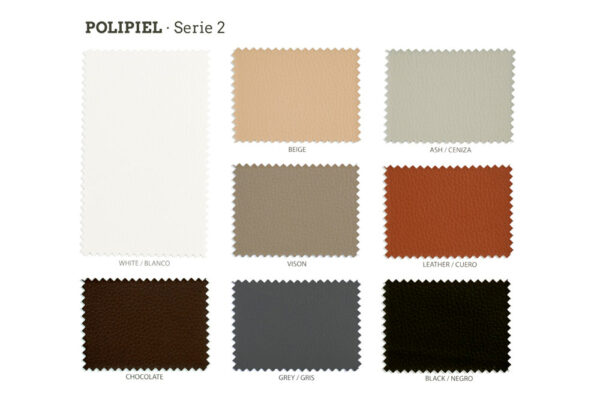 Una carta de colores que muestra una gama de muestras de cuero sintético Cabecero Astoria Soft en varios colores etiquetadas tanto en inglés como en español.