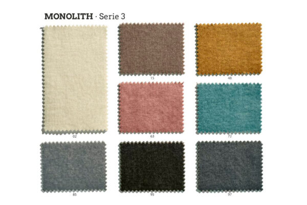 Muestras de telas de "monolith: serie 3" en varios colores, expuestas en formato cuadriculado que incluye la colección Cabecero Astoria Soft.