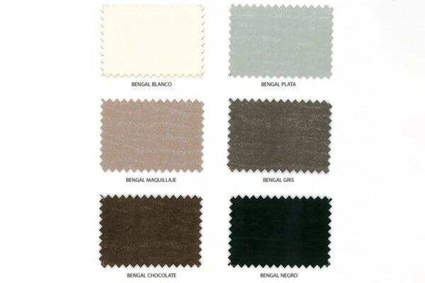 Muestras de tela en distintos tonos de beige a negro con nombres de colores en español debajo de cada muestra, Cabecero modelo Duomo al suelo.