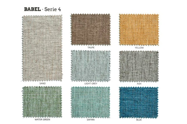 Una colección de nueve muestras de tela Cabecero Astoria Soft en varios colores con sus correspondientes nombres etiquetados debajo de cada muestra.
