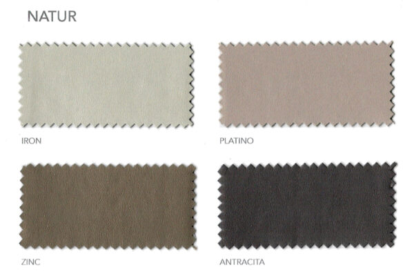 Cuatro muestras de tela en diferentes tonalidades etiquetadas natur, iron, zinc y antracita, modelo Cabecero modelo Duomo al suelo.