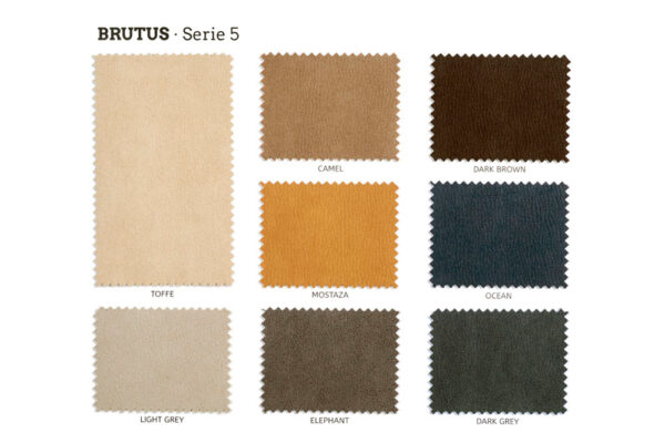 Nueve muestras de tela en varios colores etiquetadas con nombres como camel, toffee y ocean, presentadas como parte de la colección Cabecero Astoria Soft serie 5.