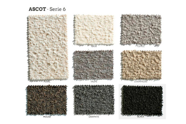 Muestras de texturas de alfombras Cabecero Astoria Soft en varios colores con cada color etiquetado, de una línea de productos denominada "ascot - serie 6.