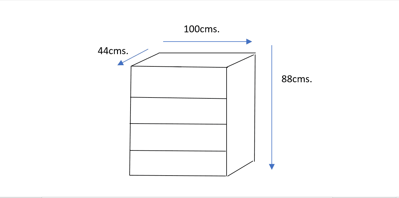 Un dibujo lineal de un gabinete Cómoda Kiara rectangular con tres estantes, que mide 100 cm de ancho, 88 cm de alto y 44 cm de profundidad.
