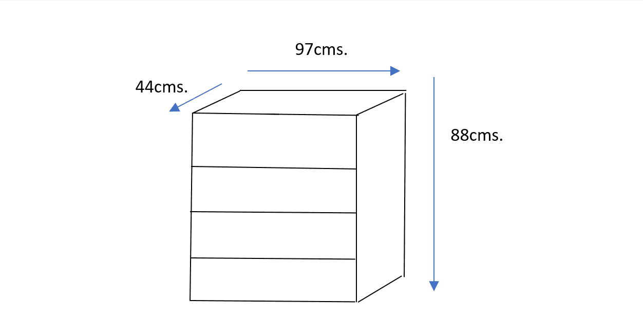 Dibujo lineal de la Cómoda Tori con tres cajones, dimensiones etiquetadas como 97 cm de ancho, 44 cm de fondo y 88 cm de alto.