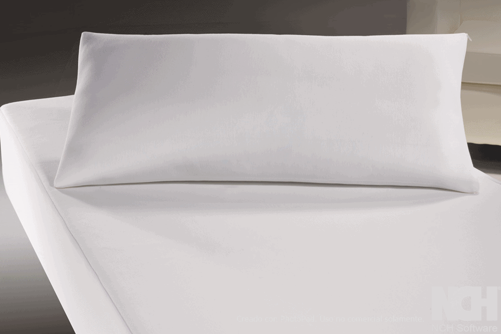 Almohada blanca con Funda de almohada Tencel sobre un sofá blanco con fondo negro.