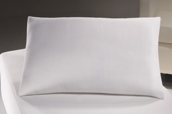 Funda de almohada Tencel rectangular blanca en un sofá.