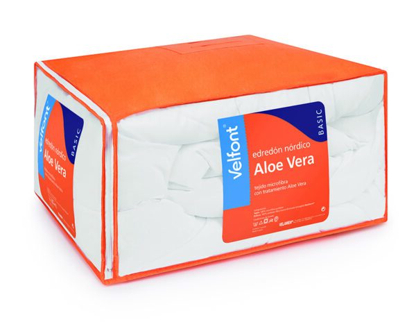 Un Nordico de fibra Aloe Vera envasado con una combinación de colores naranja y blanco.
