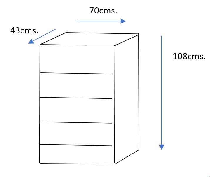 Un diagrama del Sinfonier Kiara, un gabinete rectangular con dimensiones etiquetadas: 70 centímetros de ancho, 43 centímetros de profundidad y 108 centímetros de alto. El Sinfonier Kiara cuenta con tres estantes horizontales.