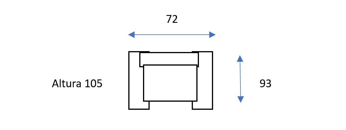 Dibujo técnico de un objeto rectangular descrito como "Sillón relax manual Yoko" con dimensiones etiquetadas: ancho 72 unidades, alto 93 unidades y "altura 105" indicada en el lateral.
