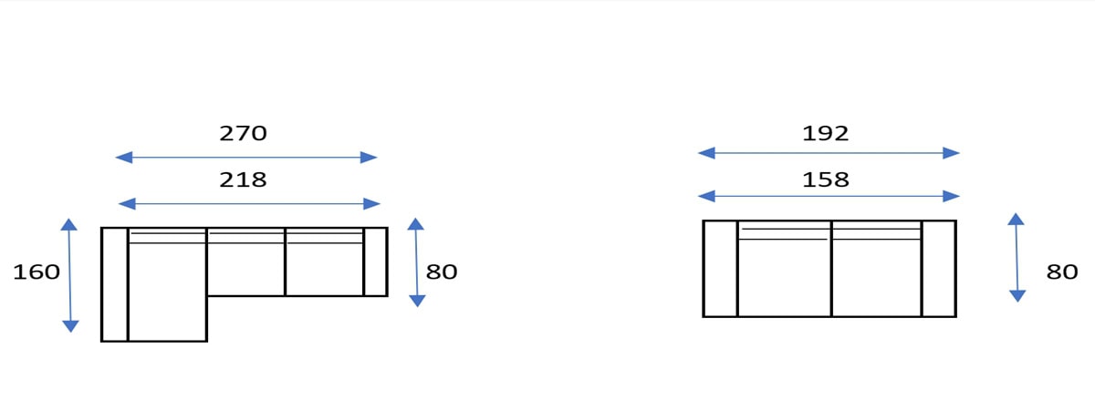 Dos esquemas del Sofá Yaiza mostrando sus dimensiones en milímetros. El Sofá Yaiza derecho tiene una mesa auxiliar adjunta, mientras que el Sofá Yaiza izquierdo es más sencillo. Cada diagrama incluye medidas de alto, ancho y profundidad.