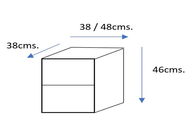 Diagrama de una caja con dimensiones etiquetadas: 38/48 cms de ancho, 38 cms de profundidad y 46 cms de alto, perfecta para usar como Mesita de noche Tori.