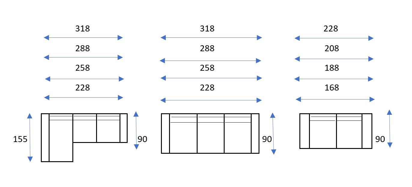 Dibujos lineales de tres diseños de sofás modulares Baccara con medidas en centímetros. El primer diseño tiene forma de L, el segundo es un sofá recto y el tercero incluye una chaise longue. Ideal para configurar tu salón Baccara.