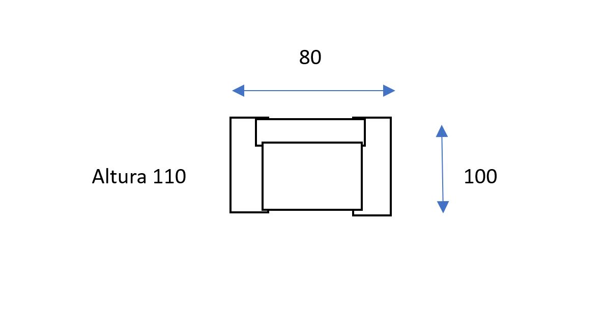 Diagrama de un objeto rectangular con dimensiones etiquetadas: ancho 80, alto 100 y una medida lateral adicional etiquetada "Altura 110", perfecta para garantizar que su Sillón relax motor Trebol encaje perfectamente.