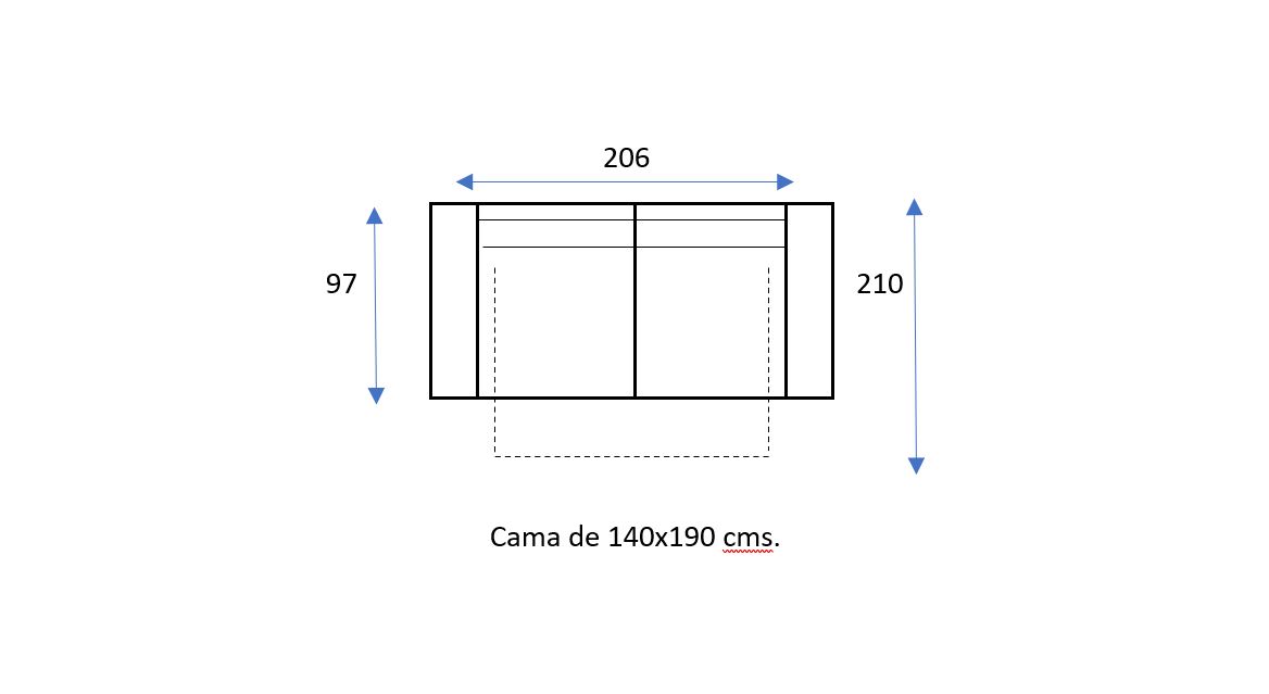 Diagrama que muestra las dimensiones de una zona de cama, denominada "Cama de 140x190 cms", con medidas 97x210 cms en los lados y 206 cms en la parte inferior.