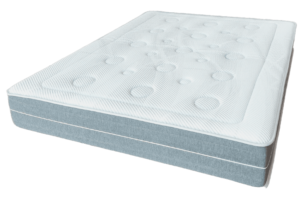 Presentamos el Pack Colchón Grafeno Soft Plus + Canapé Roma: un colchón tamaño queen con una parte superior acolchada que presenta elegantes patrones circulares y elegantes lados azules, que combina perfectamente con el Canapé Roma para elevar tu experiencia de confort.