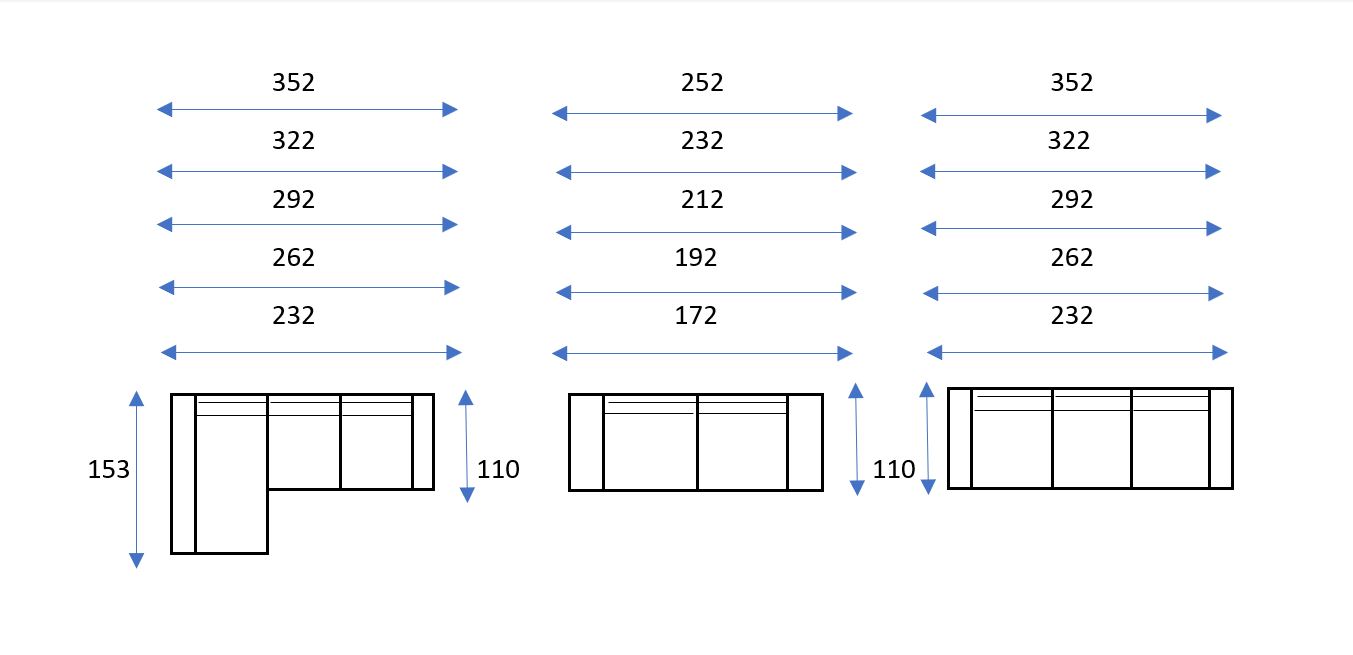 Diagrama que muestra tres diseños de sofás seccionales Sofá Asier con medidas de anchura y longitud etiquetadas en milímetros, además de flechas direccionales que indican rangos de dimensiones.