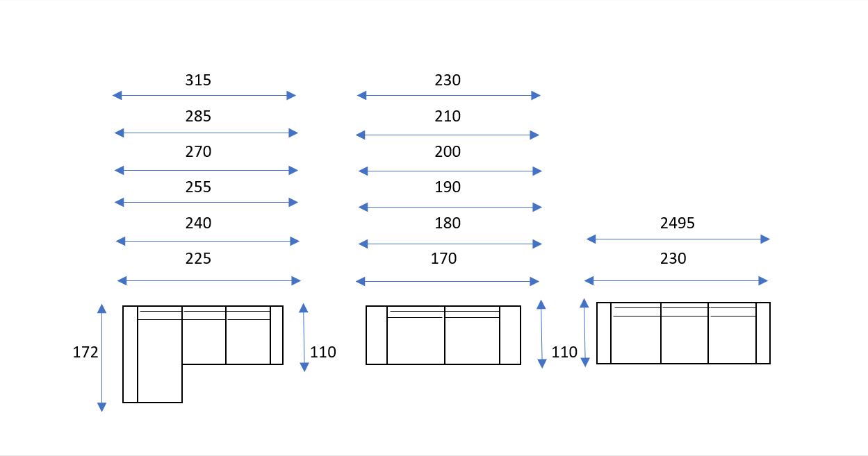 Diagrama de tres diseños seccionales de Sofá Valeria con anchos que van desde 170 a 315 cm y alturas consistentes de 110 cm y 172 cm, el ancho y alto de cada diseño claramente etiquetados en centímetros.