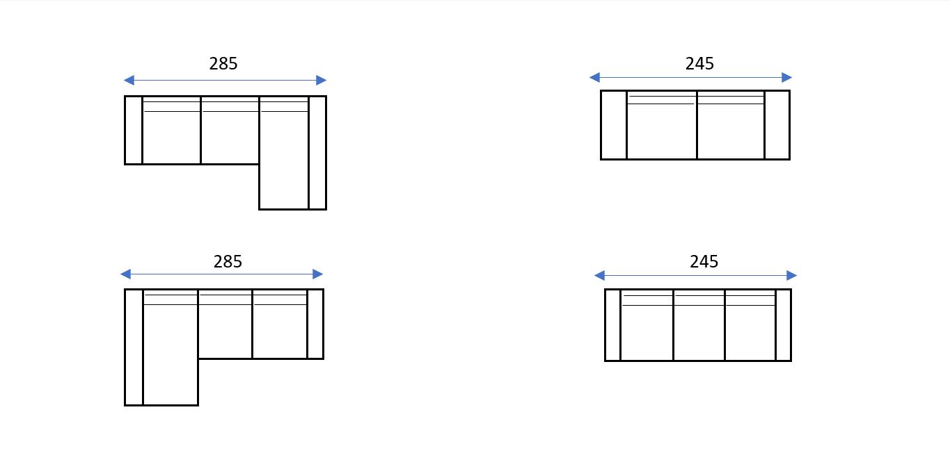 Cuatro dibujos de líneas simples de diseños de mesas o mostradores en forma de L o rectangulares, cada uno etiquetado como "285 cm" o "245 cm", perfectos para combinar con su Sofá Brenda EXPRESS.