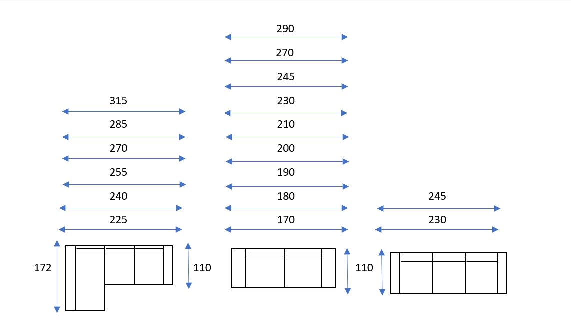 Diagrama que muestra tres diseños seccionales de Sofá Brenda (copia) con dimensiones etiquetadas de ancho (170–315 cm) y alto (110 cm, 172 cm) en centímetros.